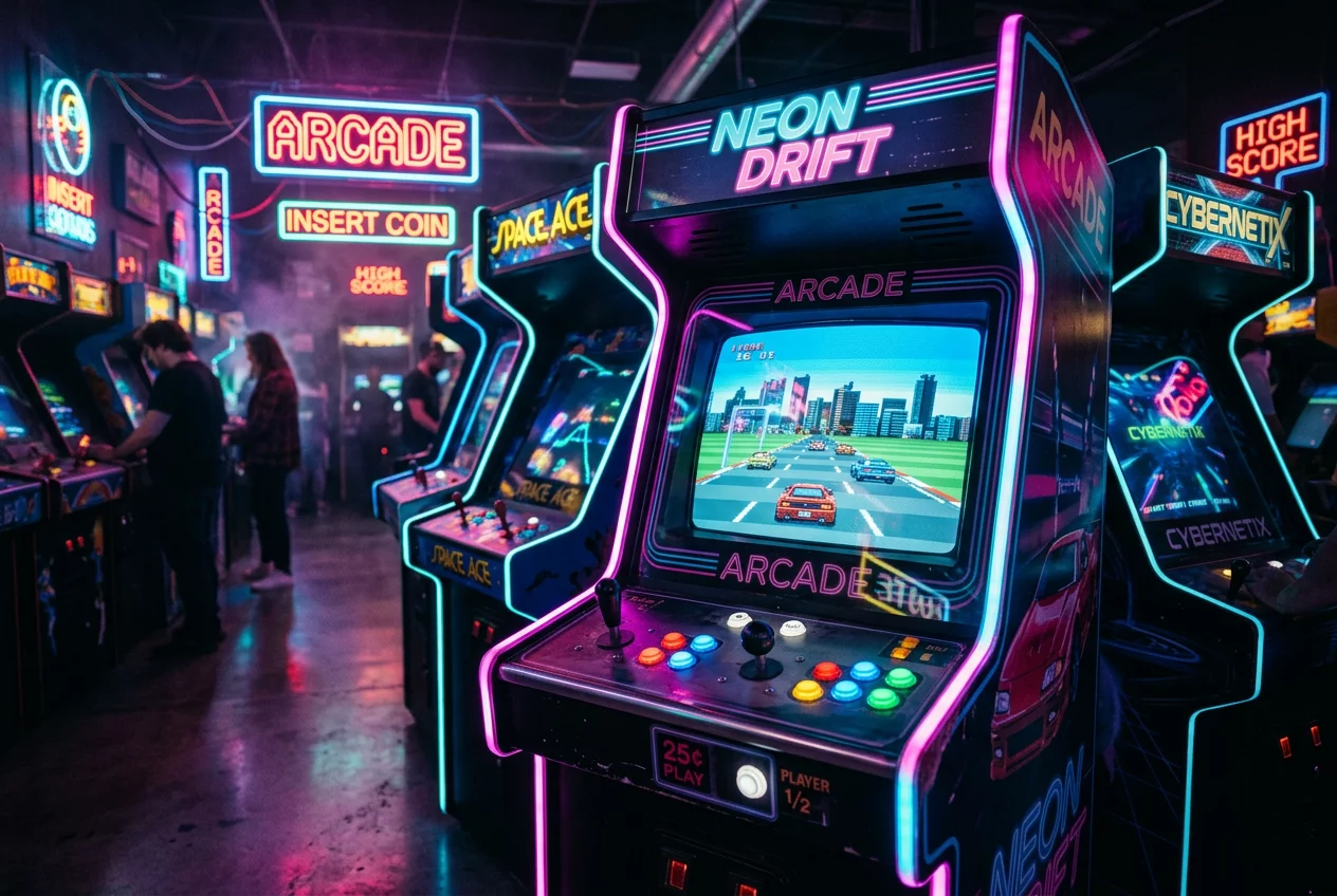 ตู้เกมอาร์เคดของ Blink Quarter พร้อมแสงไฟนีออนสุดตระการตา